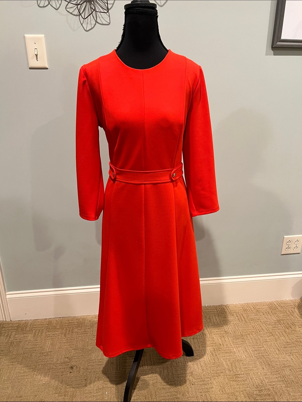 London Style Bright Red 3/4 sleeve A-Line Dress with Waistband Accents
